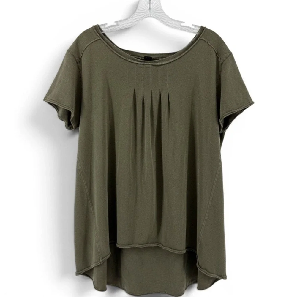 We The Free Free People Olive Green Pleated High-Low Raw Edge Cotton Top Small